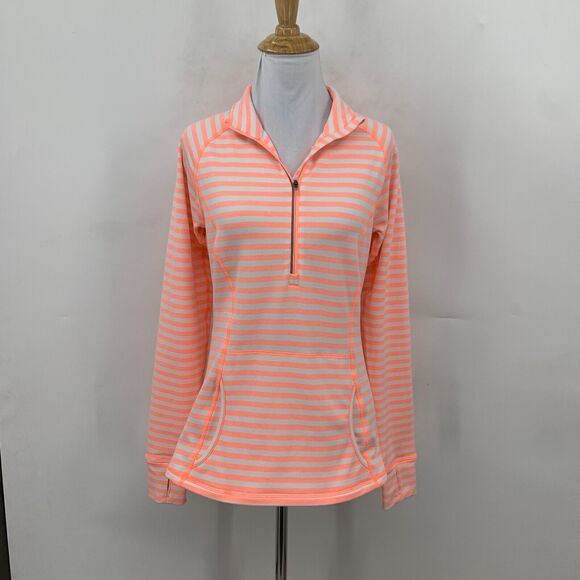Lucy Activewear 1/4 Zip Top Women S Neon Peach Stripe Pockets Stretch Thumbholes - Picture 2 of 13